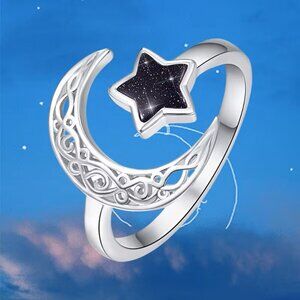 Adjustable Crescent Moon and Star Ring - Celestial witchy Jewelry Z154